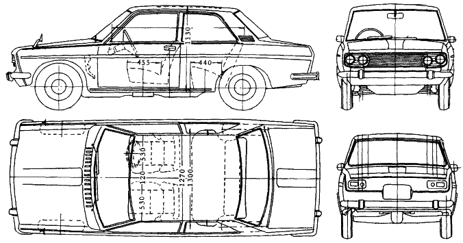 Mašīna (foto skice zīmēšanas-car shēma) Datsun Bluebird 510 1600 2-Door 1969