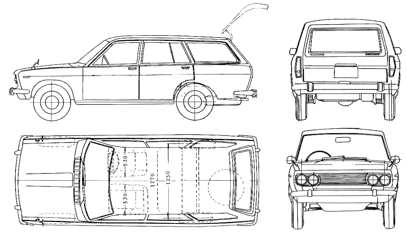 Auto (Foto Skizze Zeichnung Auto-Regelung) Datsun Bluebird 510 Wagon 1970