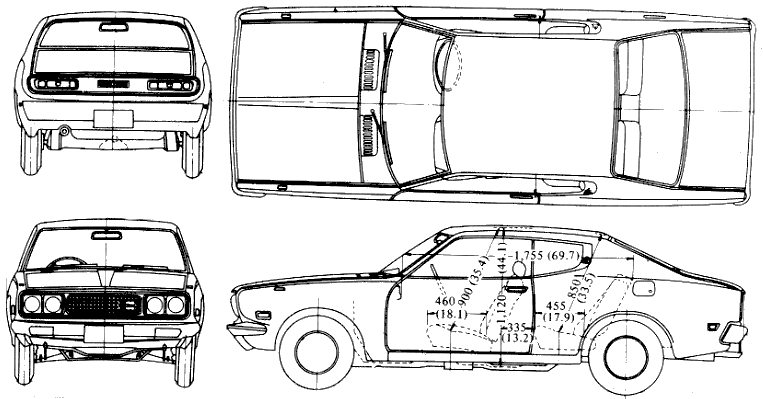 Mašīna (foto skice zīmēšanas-car shēma) Datsun Bluebird 610 Coupe 1977