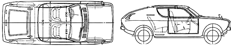 Mašīna (foto skice zīmēšanas-car shēma) Datsun Cherry Coupe 1970